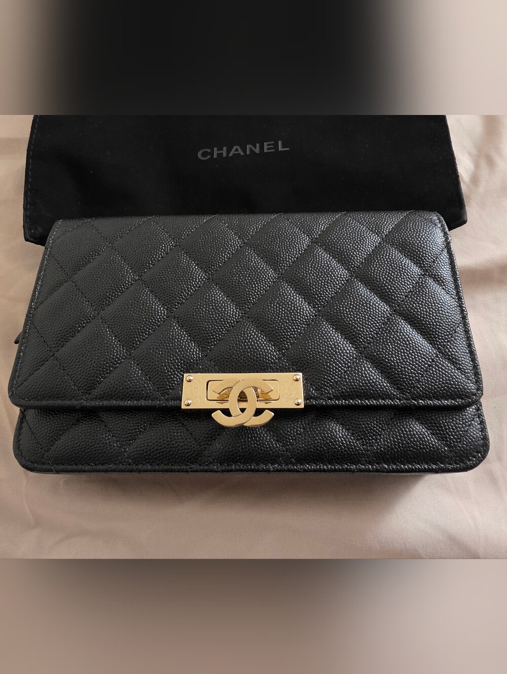 CHANEL Black Quilted Caviar Golden Class Wallet On Chain
